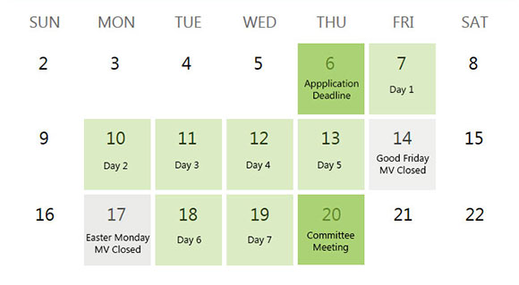 Calendar showing 7 working days
