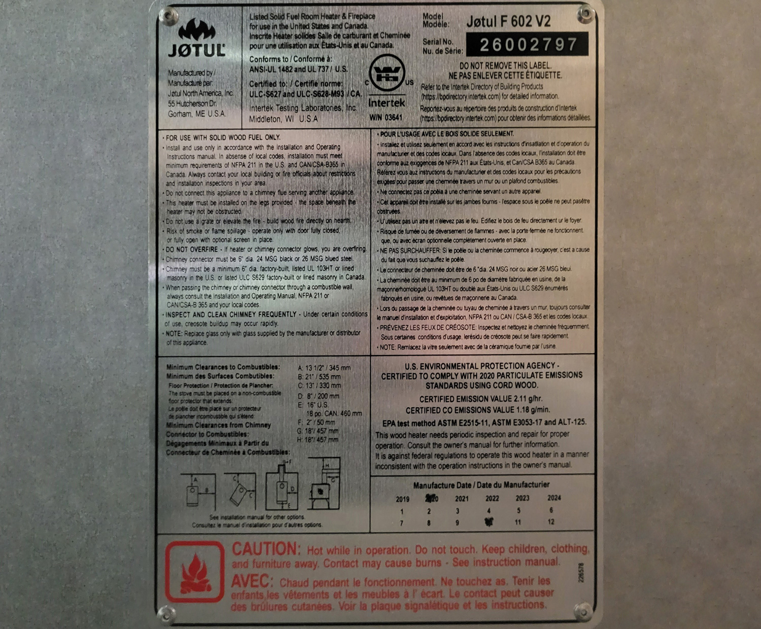 Appliance certification/emission standard label